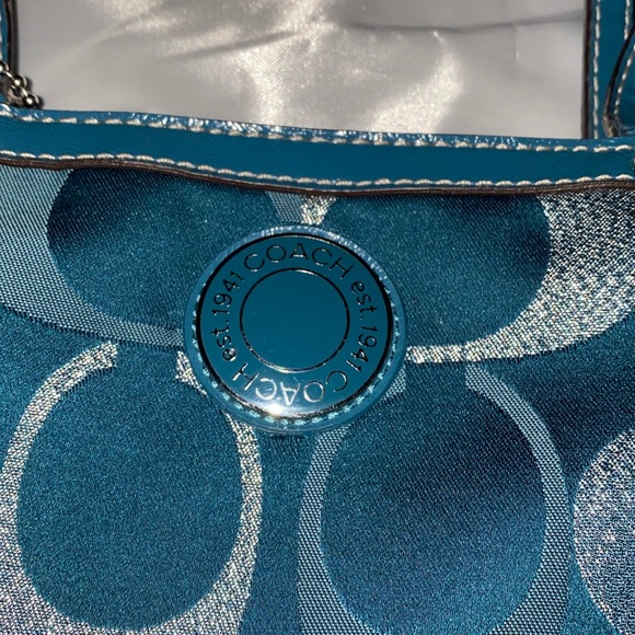 Pre loved Coach signature stripe, 3 teal metallic tote shoulder bag. - Picture 2 of 9